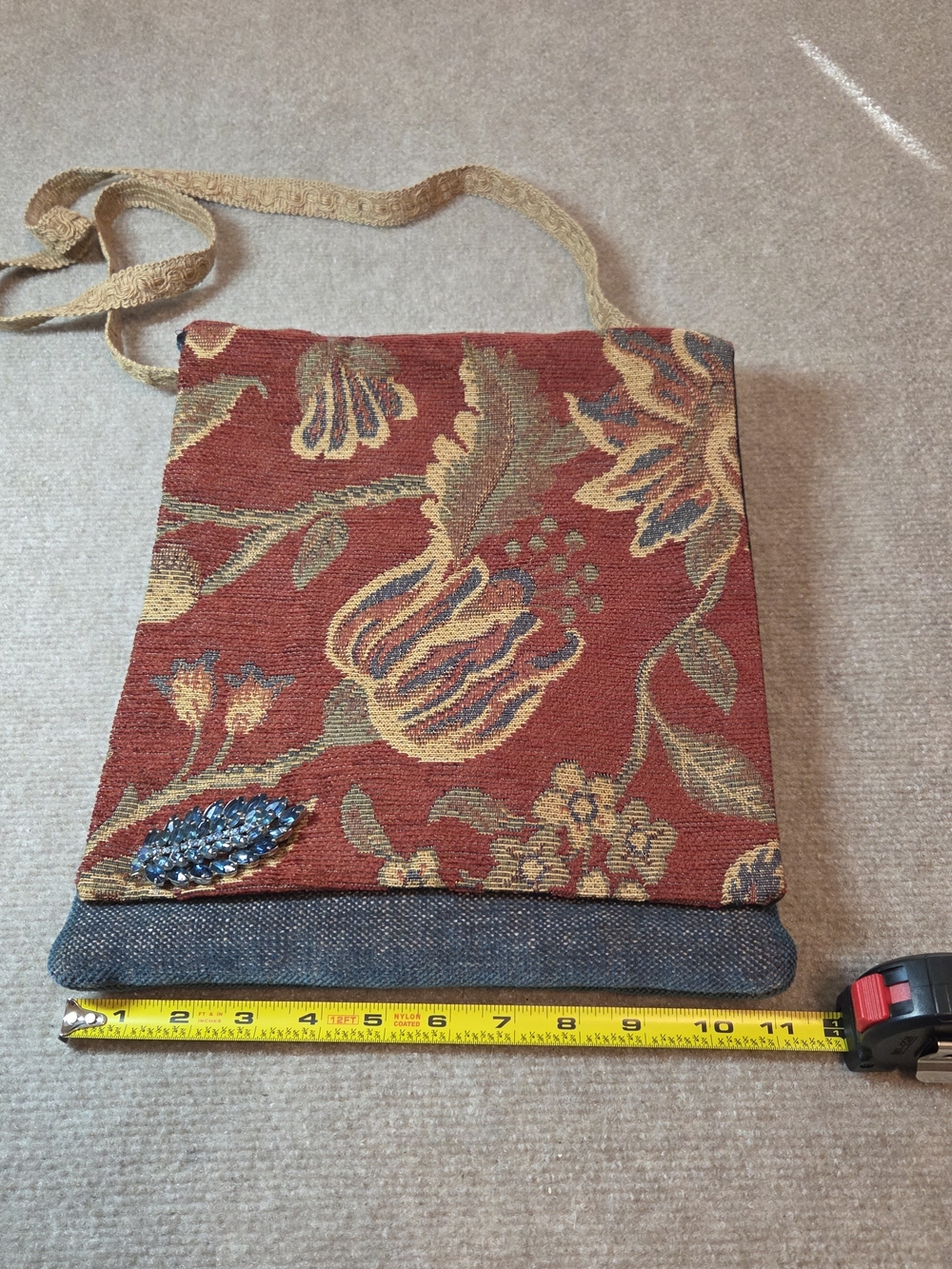 Zatnu Floral Tapestry Crossbody Bag Blue Rhinestone Brooch Mixed Media 2014